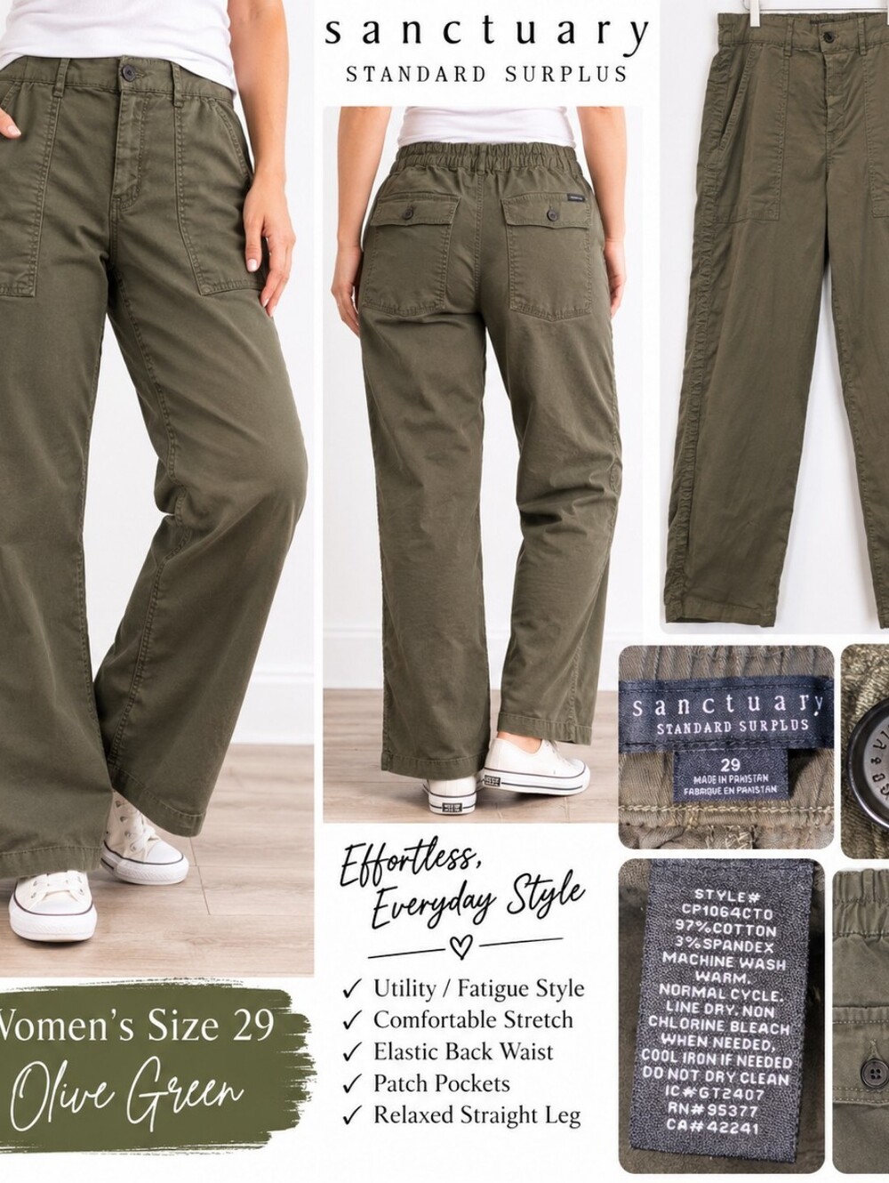 Sanctuary Standard Surplus Size 29 Olive Green Utility Fatigue Pants Stretch